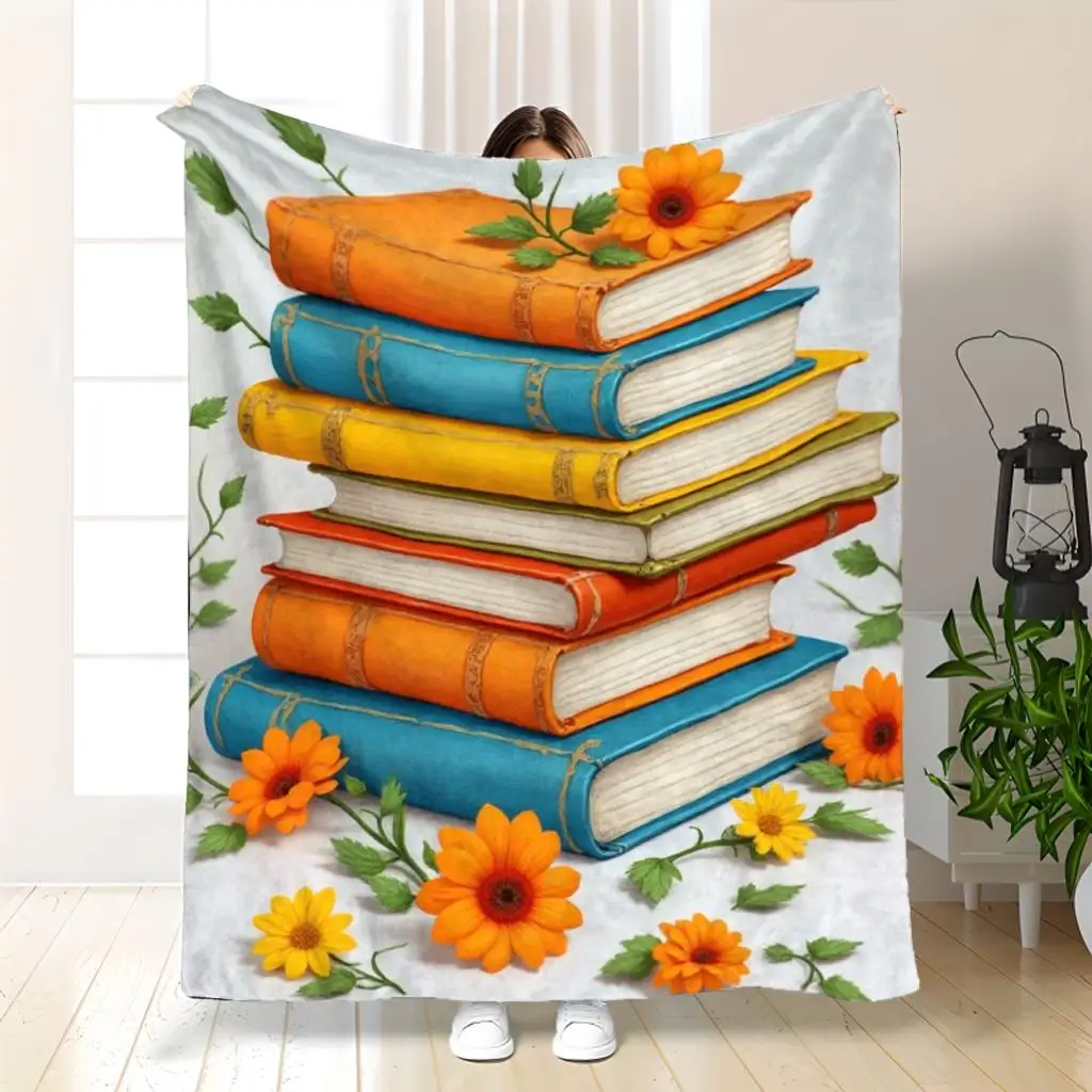 Brightly colored flower book stack Flannel printed blanket suitable for all seasons suitable for living room office sofa travel
