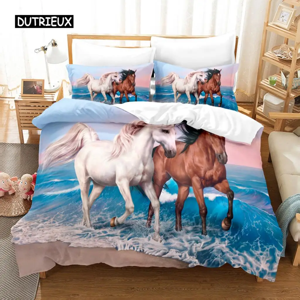 Horse Duvet Cover Set White and Brown Horse Print Bedding Set Wild Animal Pattern Farmhouse Cowboys Queen Polyester Quilt Cover