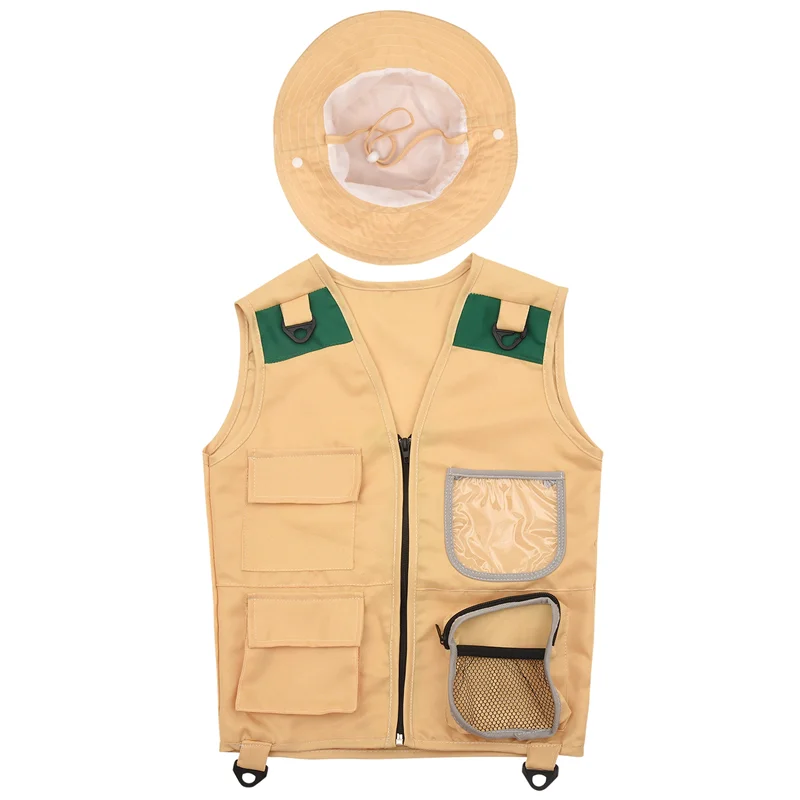 

CYGJ-Outdoor Adventure Kit,Young Kid's Khaki Cargo Vest And Hat Comfortable And Durable Explorer Costume Role Play