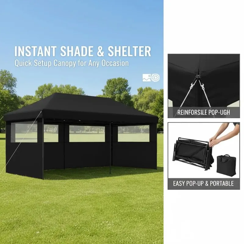 3-Side Black Sidewalls Pop up Canopy Tent Folding Gazebo Canopy Tent Ideal for Events, Festivals, and Celebrations