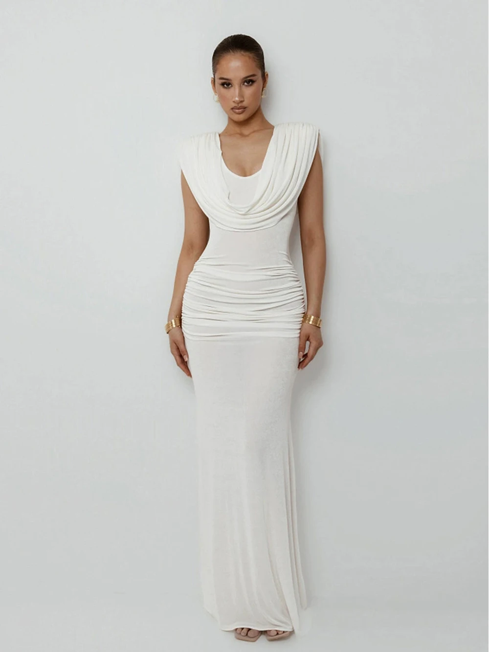 

Autumn New Women's Clothing European And American Style Solid Color Sexy Swinging Collar Sleeveless Pleated Waist Bag Hip Dress