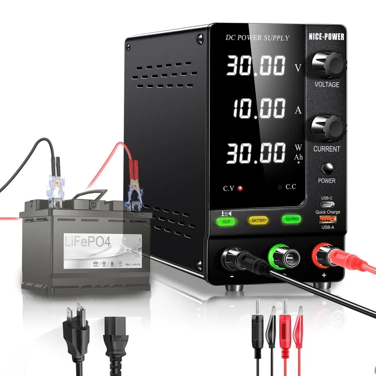 DC Power Supply Variable 30V 10A, 300W Encoder Adjustable 6V 12V 24V LiFePO4 Lithium Ion etc. Battery Charger Regulated Lab