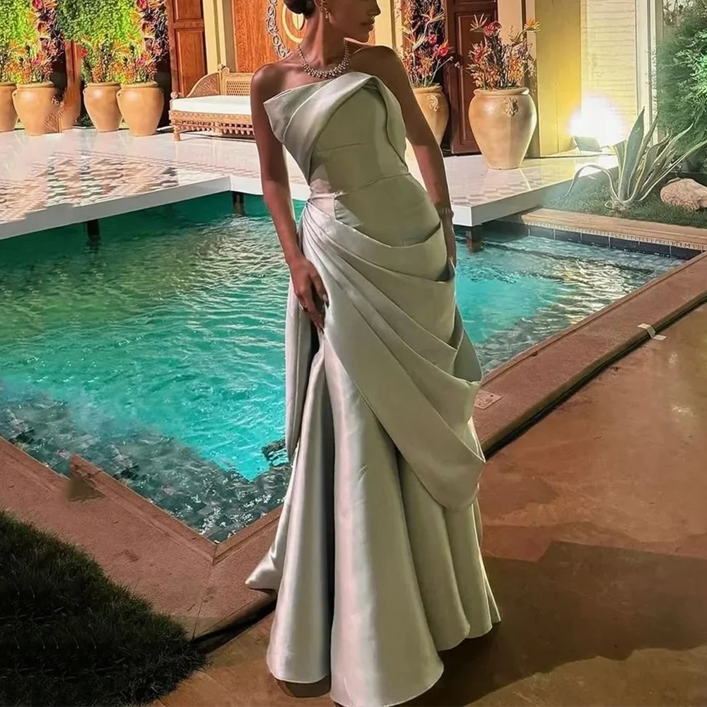 

Fashion Satin Prom Dresses Strapless Hand Pleated Floor Length Mermaid Gown Sleeveless Summer Vocation Formal Party Dress