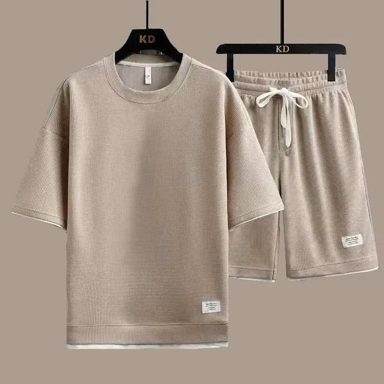 

Men's Waffle Short-sleeved T-shirt Casual Retro Sports Suit Loose Comfortable Fake Two-piece Half-sleeved T-shirt Two-piece Set