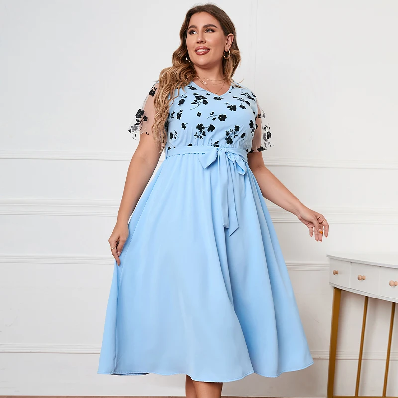 KEBY ZJ 3XL 4XL Plus Size Women Clothing Lace Short Sleeve Long Dress Summer V-Neck Belt Blue Floral Print Lady Big Size Dresses