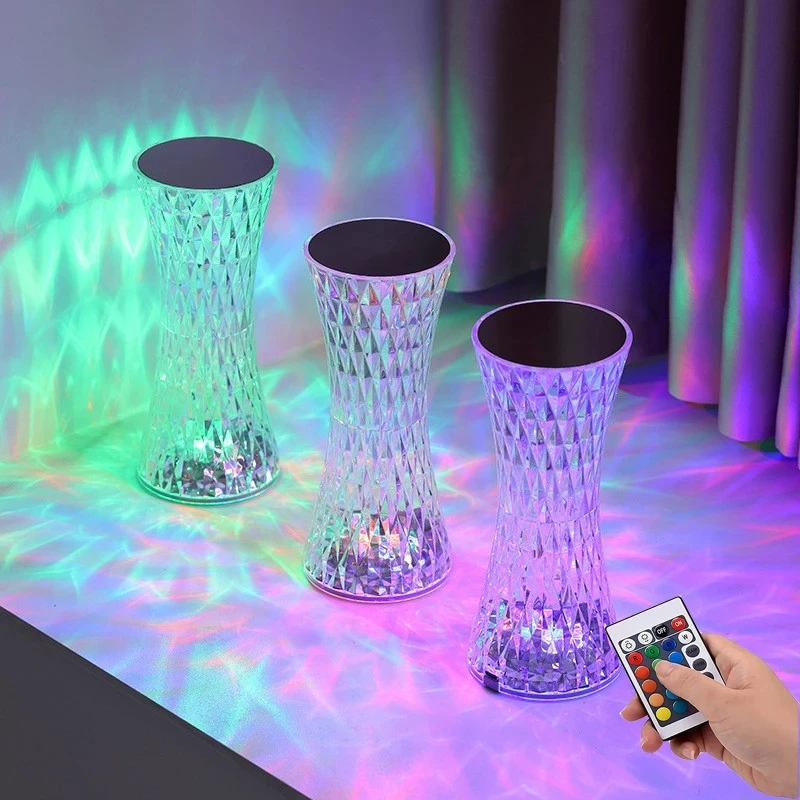 LED Crystal Table Lamp Rechargeable Touch RGB Colorful Atmosphere Light Night Light for Bedroom Bedside Bar Cafe