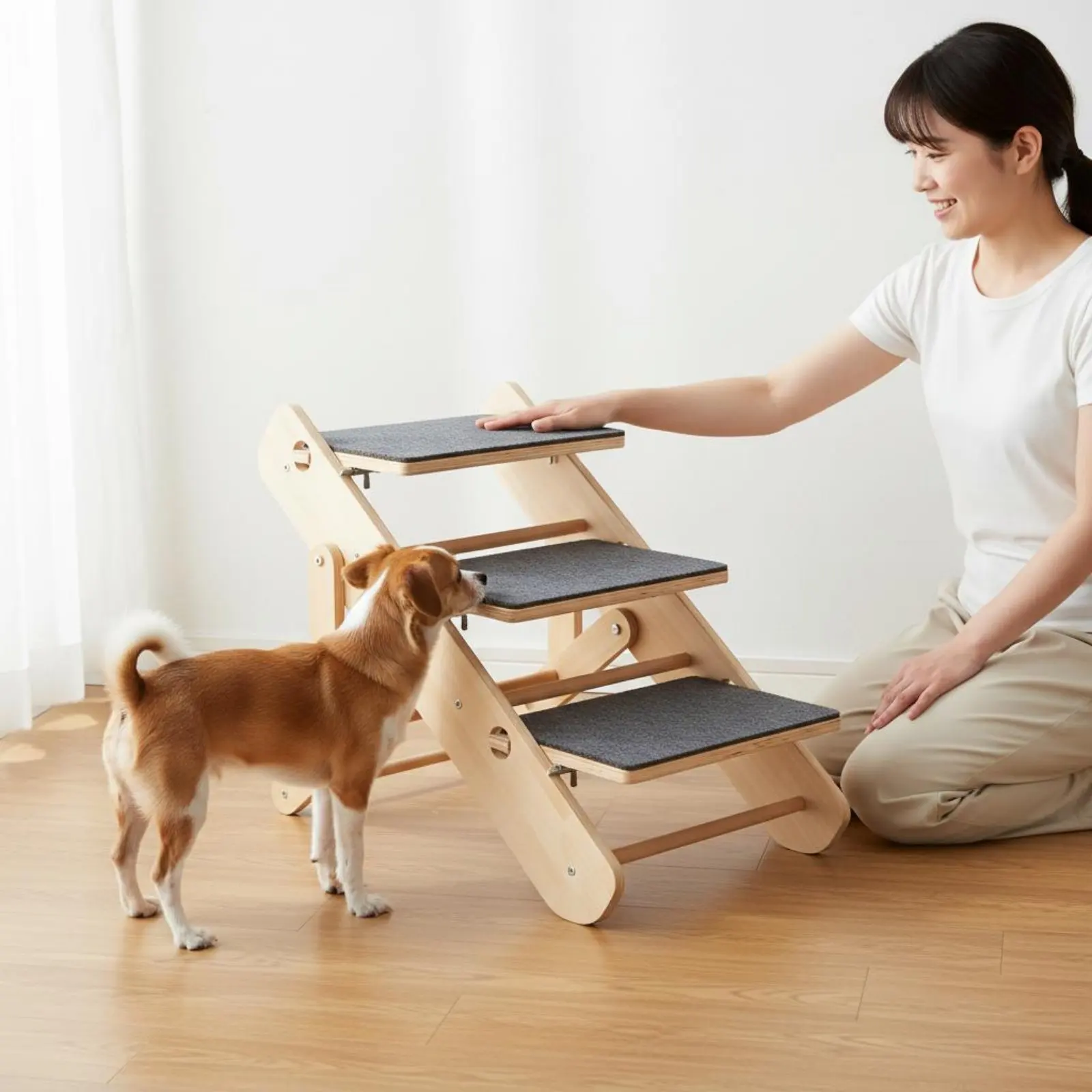 Triple-Step Pet Stairs Non-Slip Surface Transformable Pet Steps Foldable Dog Ramp 2-in-1 Design Abrasion-Resistant-Resistant