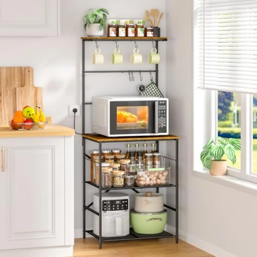 

4-уровневая кофейная станция-стеллаж для кухни с 8 S-образными крючками, большой вместительный стол для кофейной станции, полка для кофейного бара в стиле фермерского дома, Baker