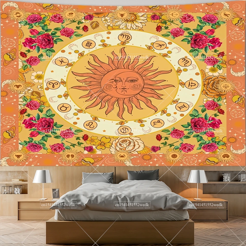 الأصفر الشمس والقمر التعادل صبغ نسيج إيندي البوهيمي الأزهار نسيج عباد الشمس فراشة العثة كوكبة المفروشات الجمالية #1