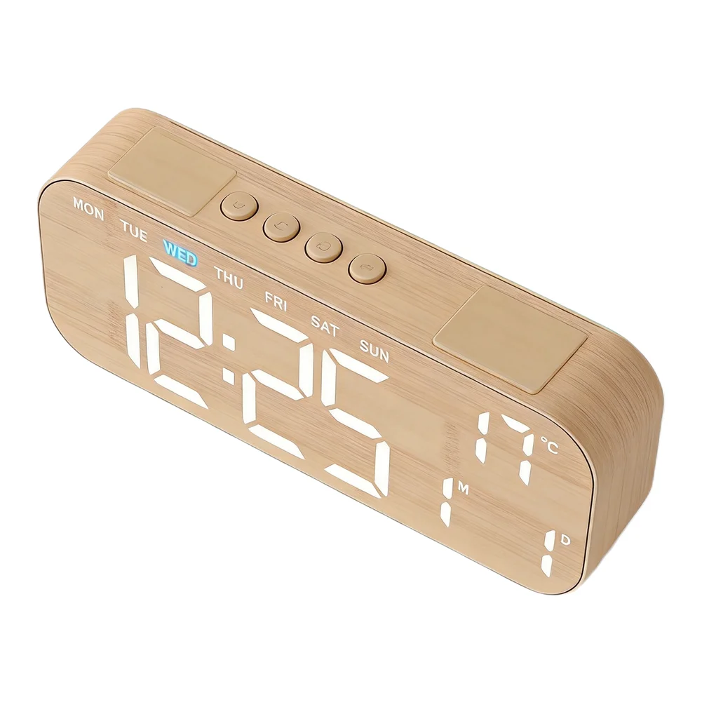 LED Digital Alarm Clock with Wood Grain Finish Showing Time Date Weekday and Indoor Temperature for Home Office or Dorm Use