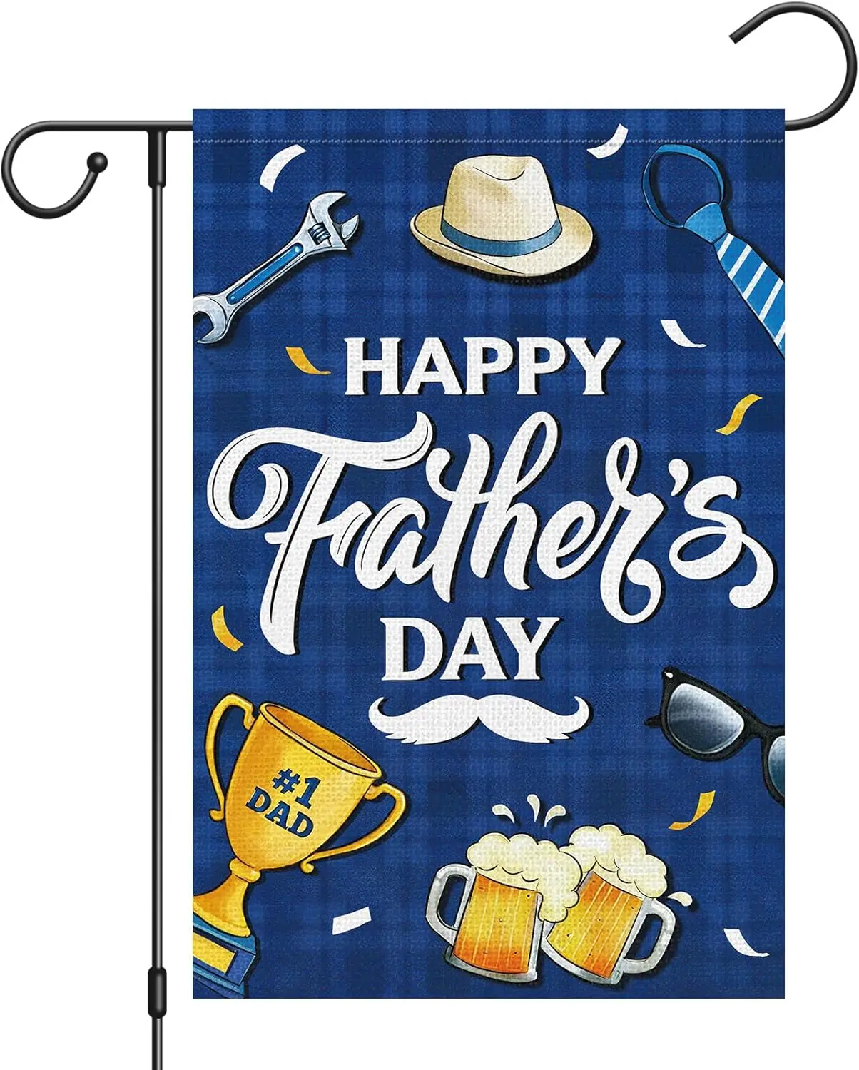Heyfibro Happy Father's Day #1 Dad Garden Flag 12x18 Double Sided Burlap, with Trophy & Beer Blue Plaid Yard Banner  AAS