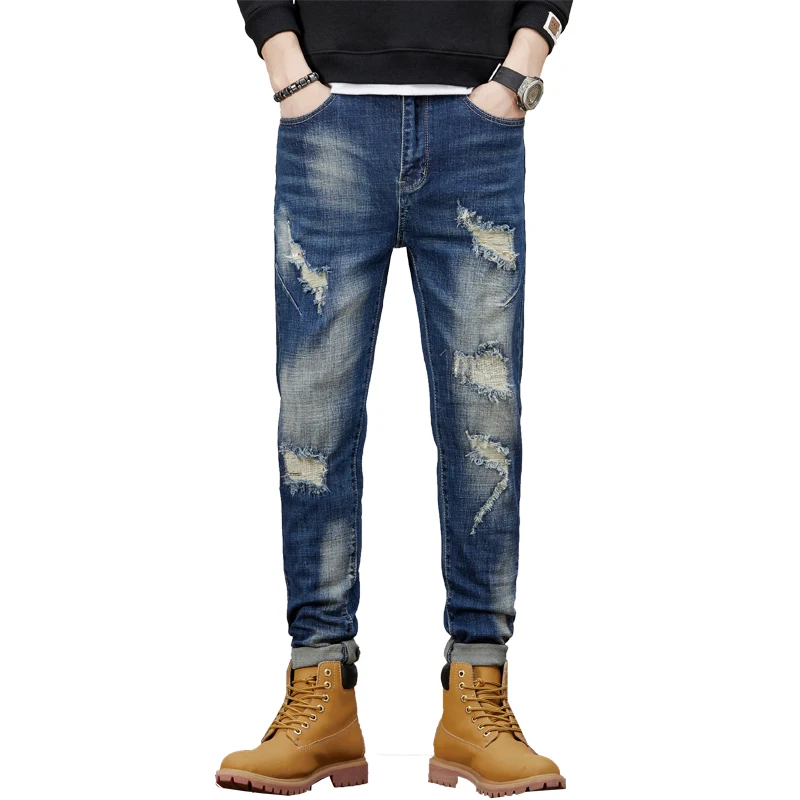 Spring and Autumn Jeans Men's High Street Nostalgic Straight Leg Elastic Jeans denim ripped  mens jeans  streetwear men