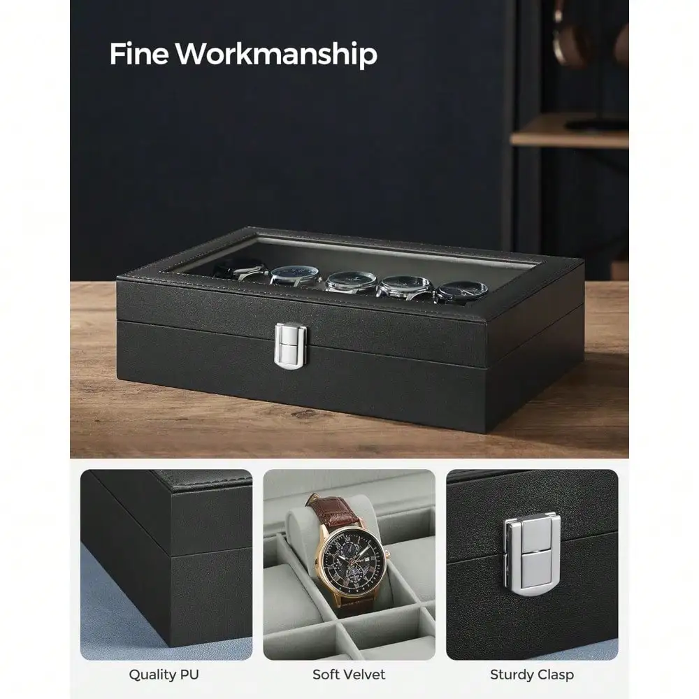 

12 Slot Black Watch Box Organizer, Large Glass Lid With Removable Pillows, Synthetic Leather Case For Watch Collection, Gray Lining Storage Display Box