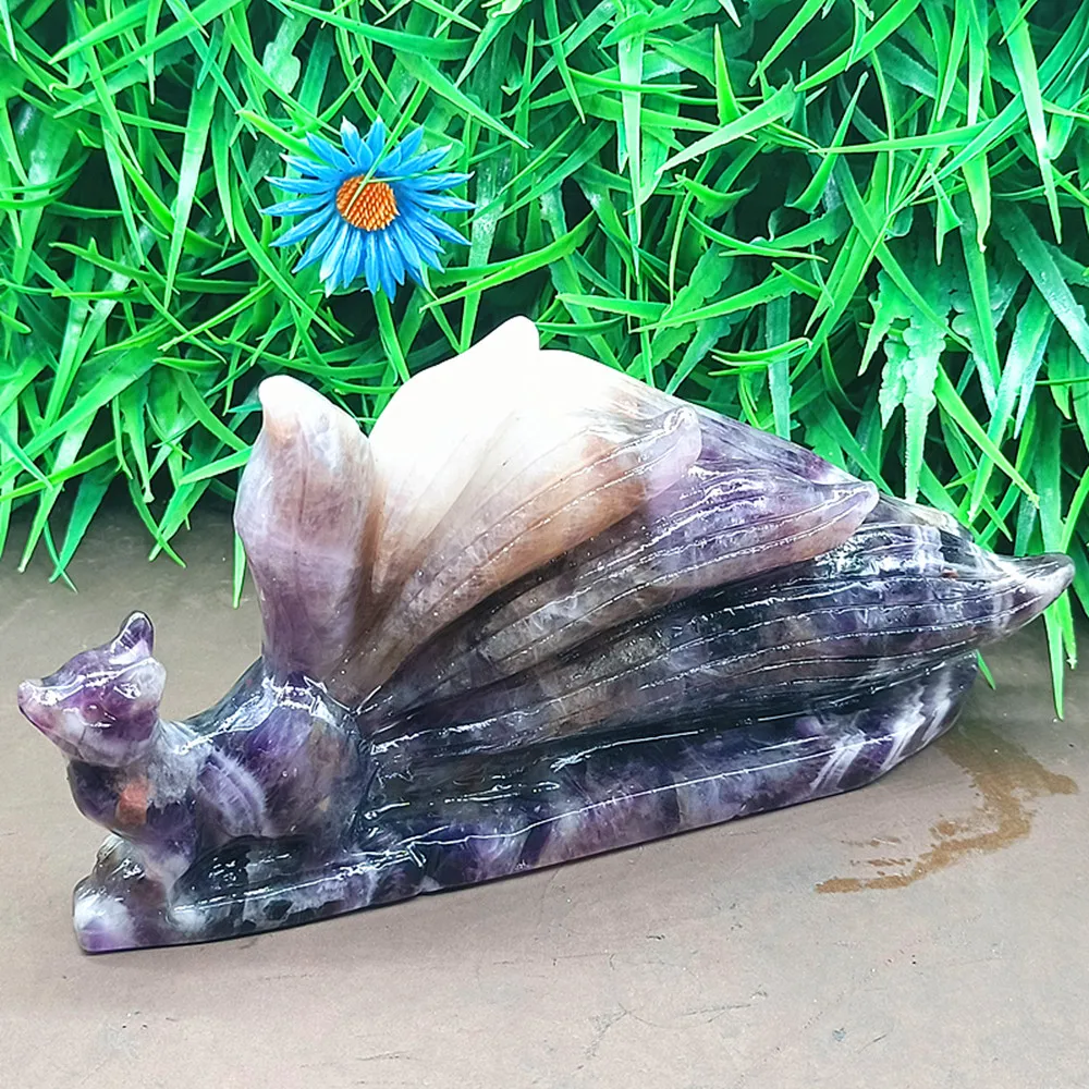 Natural quartz crystal, dreamy purple polished carving piece, nine-tailed fox home decoration item