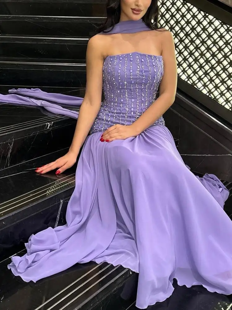 

Jirocum Luxury Lavender Crystal Beaded Evening Dresses Strapless Halter Gown with Sheer Ruched Bodice for Gala & Prom
