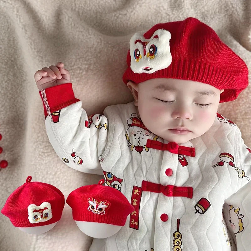 Cute Red Berets for Baby Winter Warm Wool Infant Knitted Hat New Year Gift Cartoon Tiger Kids Boy Girl Painter Caps