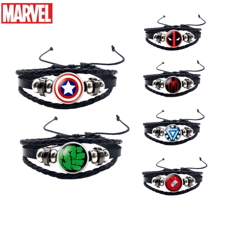 Marvel Heroes Anime Characters Hulk Spiderman Deadpool Titanium Jewelry Shield Time Gemstone Leather Bracelet Men andWomen Gifts