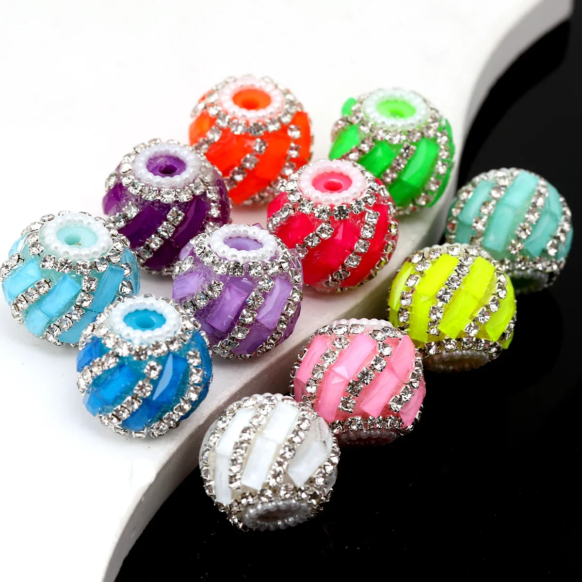 7pcs Random Color 1.9cm Fluorescent Rhinestone Striped Flower Ball Acrylic Beads for DIY Jewelry Making