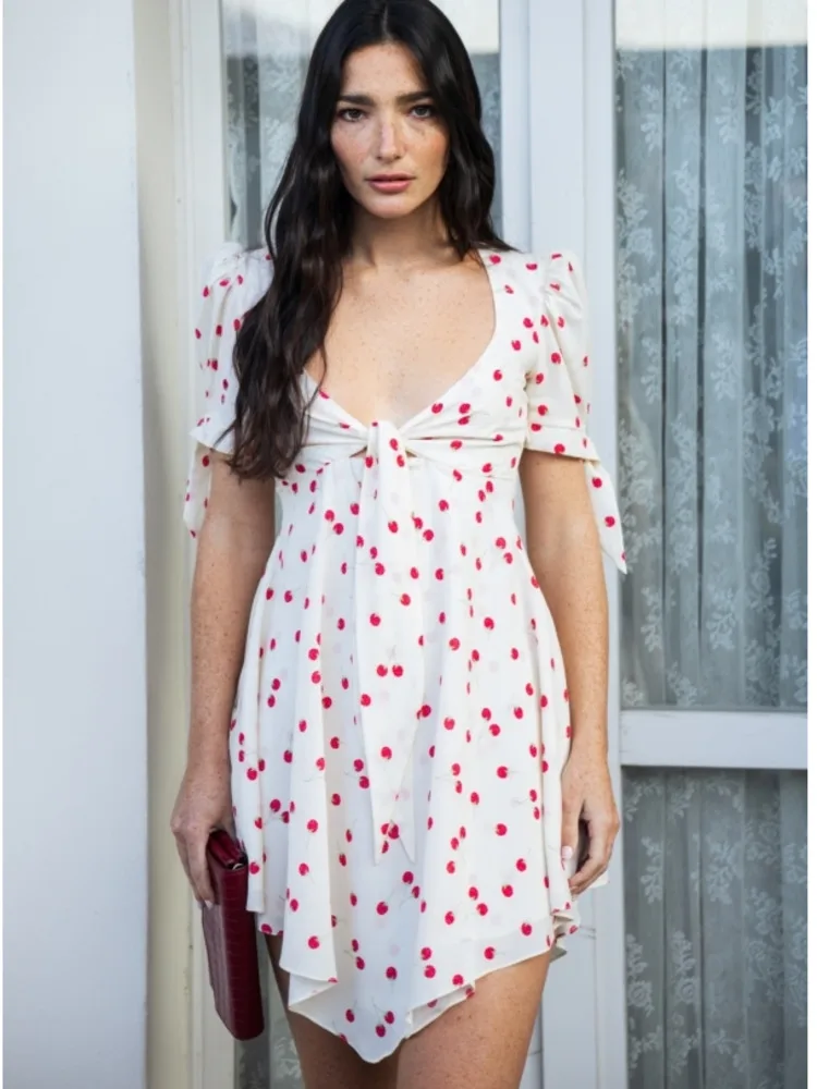 Elegante manga curta com decote em u bolinhas vestido de camada dupla feminino verão estilo rua vestido novo verão férias beachwear