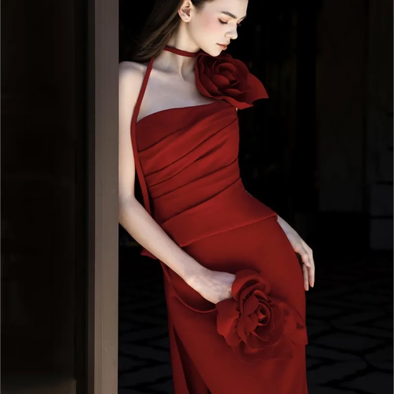 |High Quality Wine Red Toast Banquet Fishtail Long Temperament Host Breast Dress·