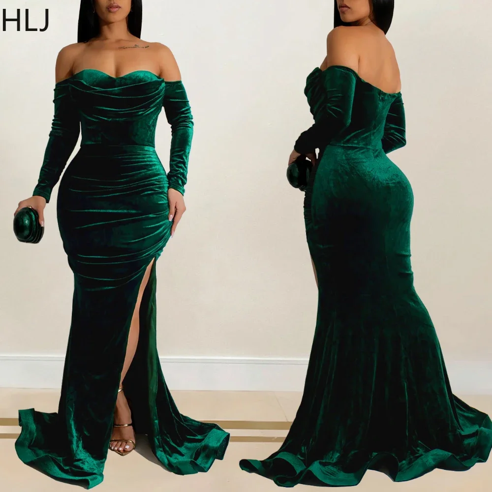 

HLJ Fashion Velvet Bodycon Off Shoulder Long Dress Women Ruched Long Sleeve High Slit Floor Vestidos Sexy Evening Party Clothing