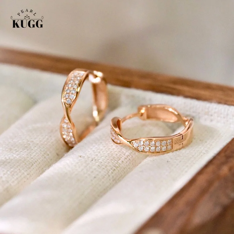 KUGG 18K Rose Gold Earrings Luxury Style Real Natural Diamond Hoop Earrings for Women High Party Jewelry Fashion Twisted Design