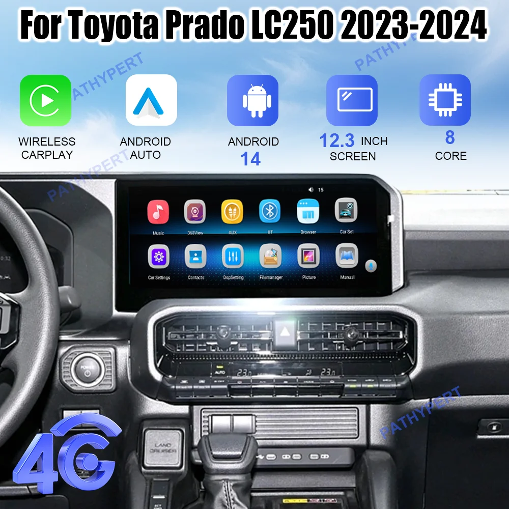 For Toyota Prado LC250 2023-2024 Android 14 Tesla Screen Car Multimedia Player Auto Radio Bluetooth GPS Head Unit 4G WIFI Stereo