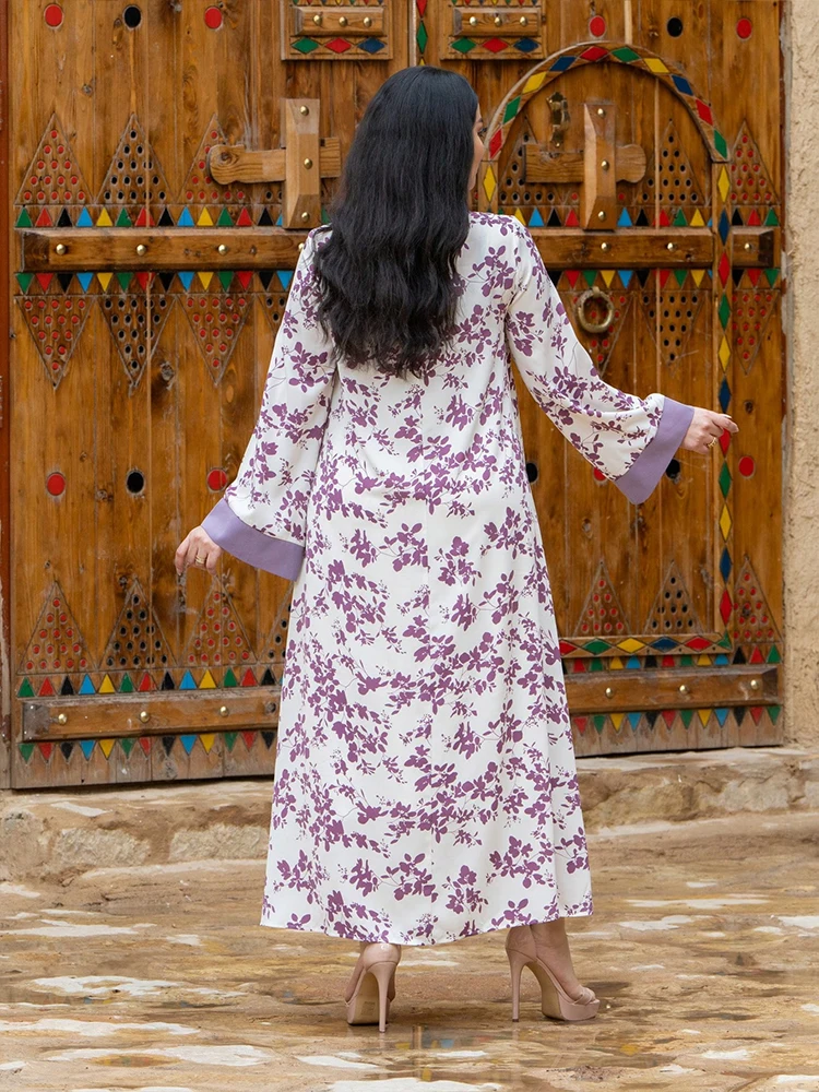 TOLEEN Een Midden-Oosten damesjurk met V-hals, enkele rij knopen, bloemenprint, casual Arabische jurk en modieuze moslimjas met print