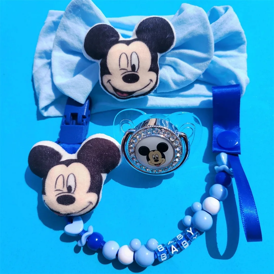 Mickey Mouse baby pacifier Clip Blue headband Luxury pacifier Newborn boy silicone nipples Baby Shower Gift chupetes personaliza