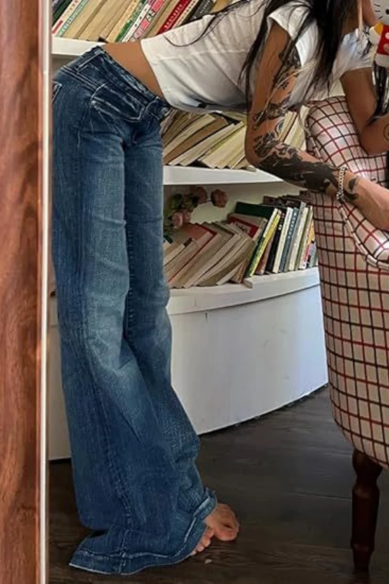 Women Vintage y2k Flared Jeans Retro Button-up Low Rise Casual Denim Pants Harajuku 2000s Aesthetic Trousers Basic Jeans