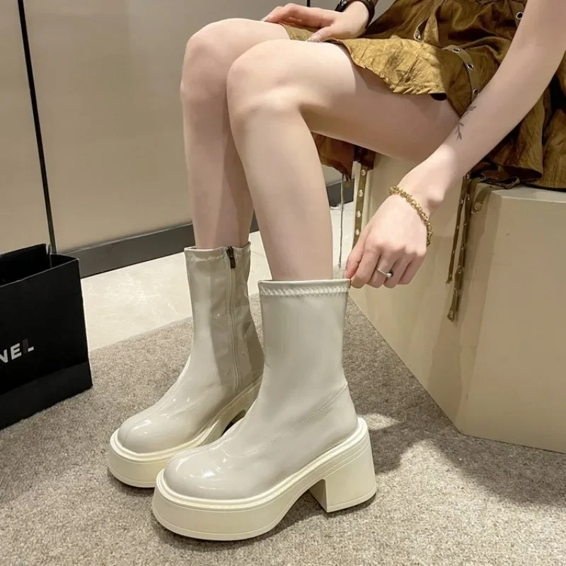 Chelsea Boots Women Chunky Fashion High Heels Shoes Winter 2024 New Trend Casual Motorcycle Boots Goth Ankle boots women