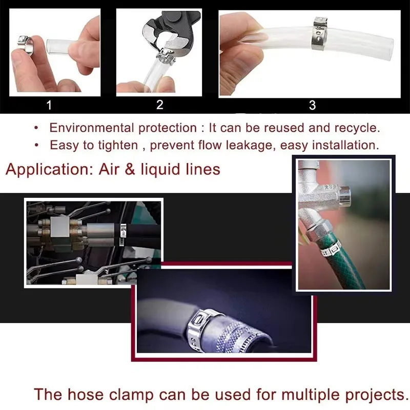 304 Stainless Steel Single Ear Stepless Hose Clamps Assortment Kit Water Pipe Sealing Clips with 1PC Professional Clamp Pliers