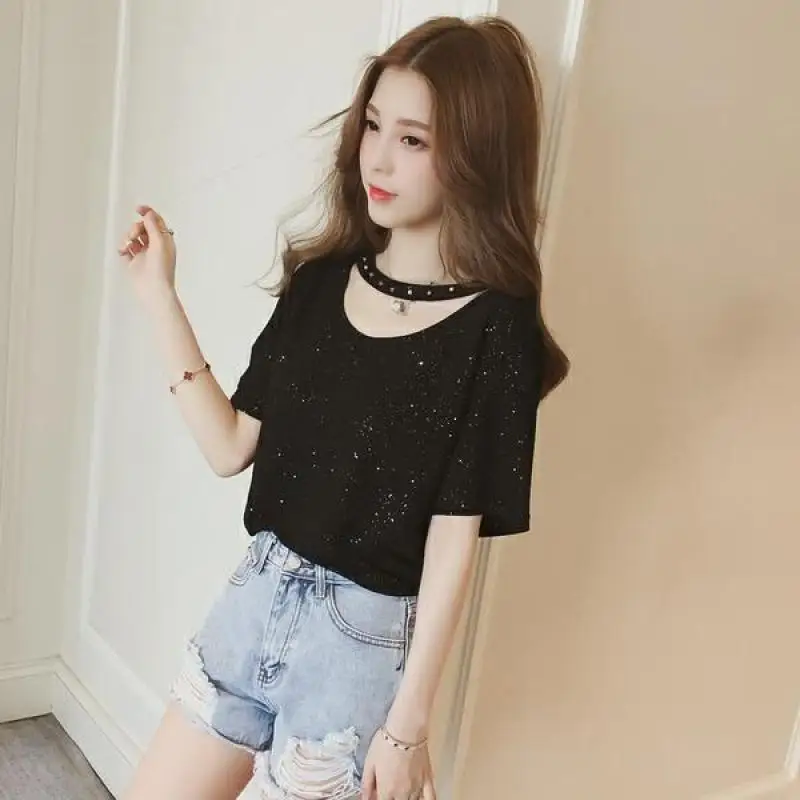 Women Summer Korean Fashion Loose Bright Silk Solid Color O-neck Short Sleeve T-Shirt Women Clothes Casual All-match Trend Tops