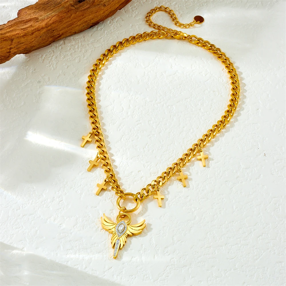 LAMENGLY 316L Stainless Steel Classic Simple Star Cross Angel Sunflower Pendant Necklace Women Trend Non-Fading Clavicle Chain