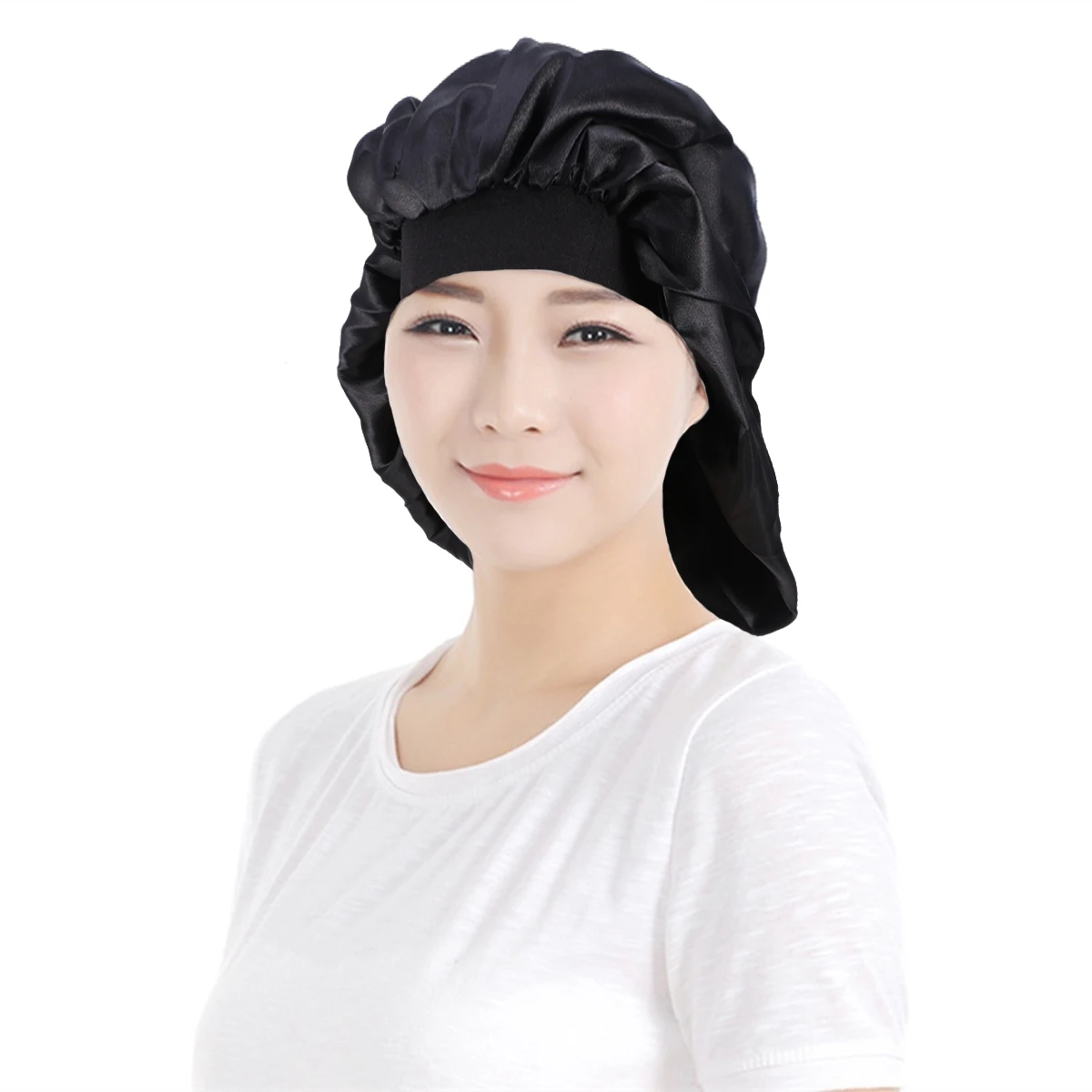 

Wide-brimmed Woman Bathing Cap Black Elastic Simple Dacron Lightweight Safe Shower Home Practical One Size