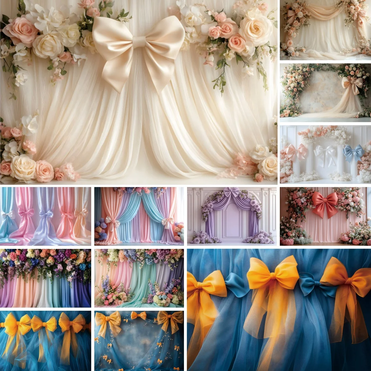 Colorful Bow Curtains Photography Background Bridal Shower Wedding Party Indoor Decoration Girl Pregnant Portrait Photo Backdrop
