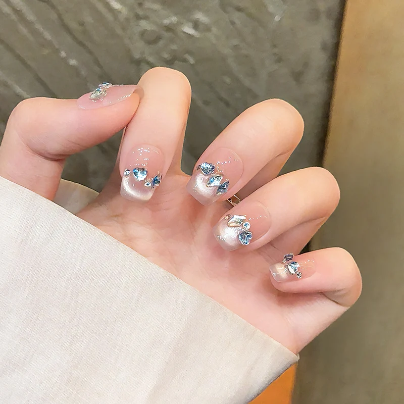 10Pcs Blue White Rhinestone False Nails Short Square Nude Cat Eye Fress on Nails Full Cover Fake Nail Tips Girls Daily Decor