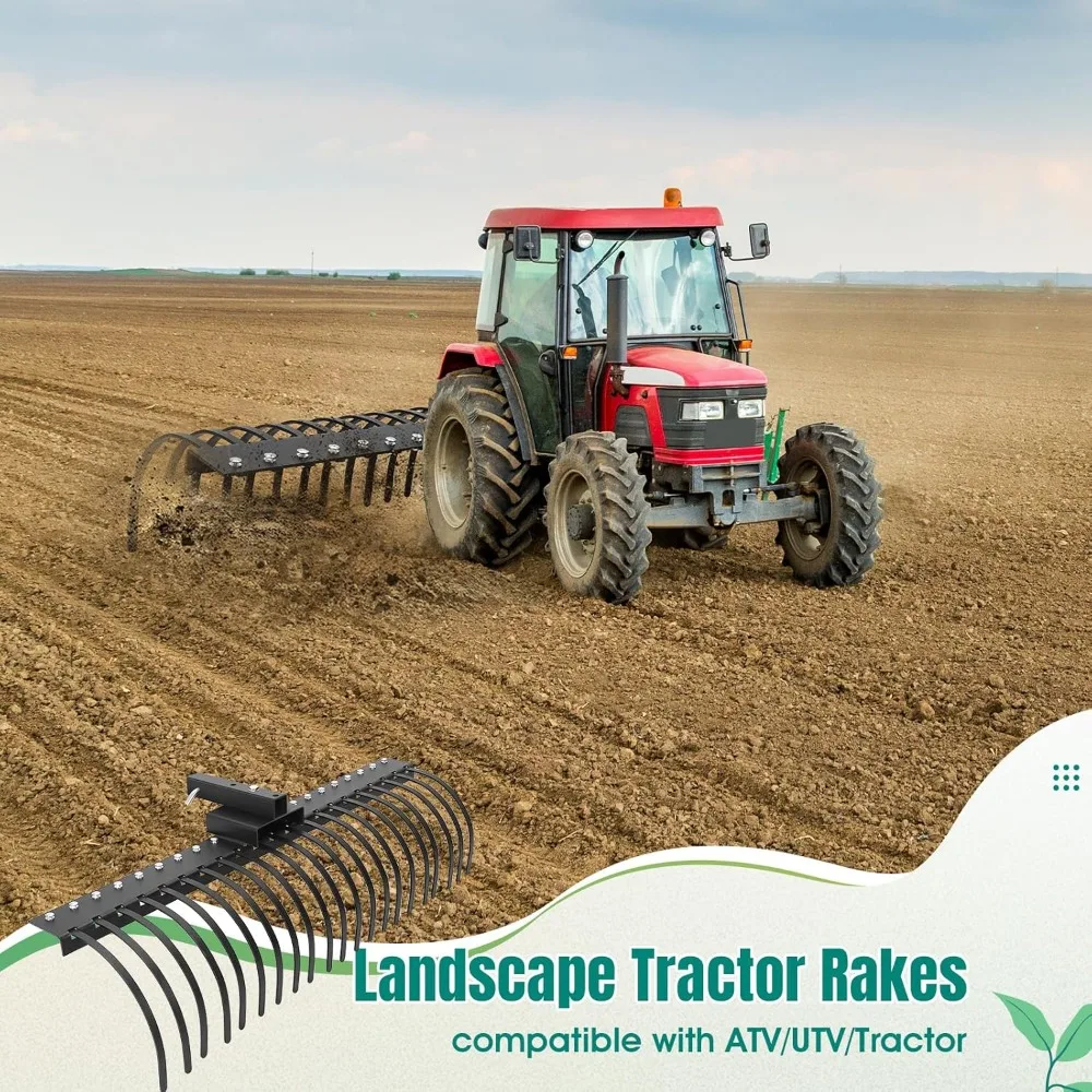 60 Inch Landscape Rake, 3 Point Attach Rock Rake Fit for 2 Inch Receiver with 360 Degree Rotation, Tow-Behind Garden Tool for Co