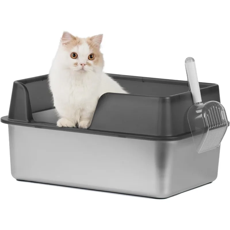 Stainless Steel Cat Litter Box with Scoop, Large Litter Box with High Sided Walls, Durable Metal Kitty Litter Box with Enclosure