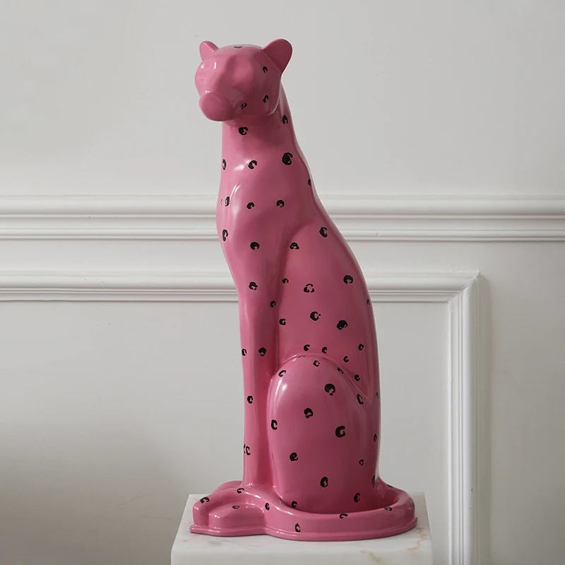 Creative Leopard Sculptures Aesthetic Pink Figurines Entrance Hall Cabinet Resin Sculpture Funny Living Room Floor Ornaments