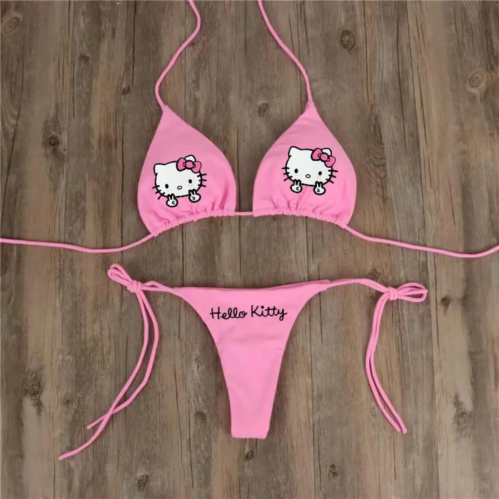 

2Pcs Y2K Hello Kitty Swimsuit Set for Women Sanrios Anime Kawaii Kuromi Bikini Sexy Hot Girl Sexy Underwear Bra Thong Girl Beach
