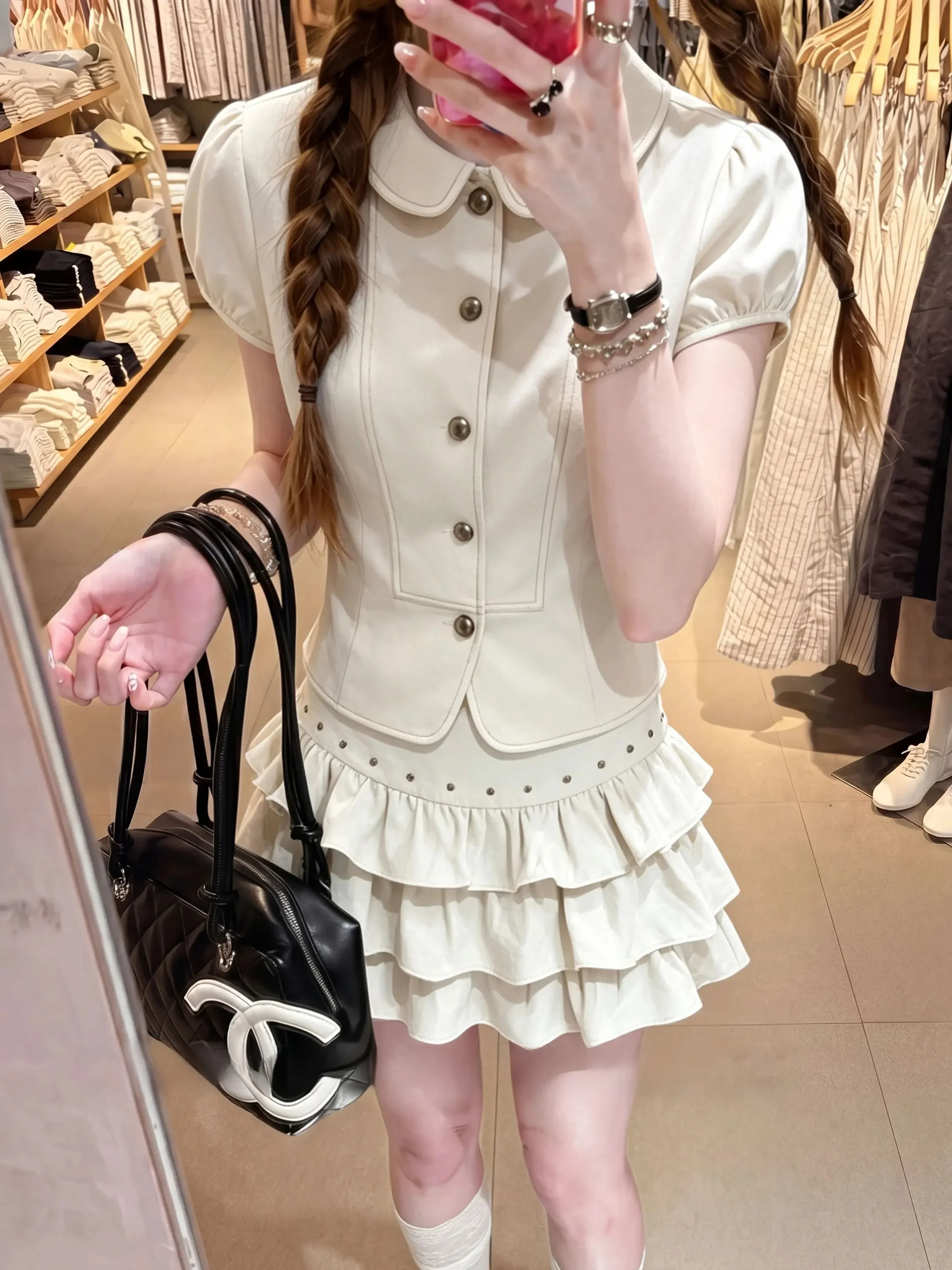

Parkyeon Sweet Short Sleeve Doll Shirt Waist Cinching Hem Ruffle Skirt Two Piece Set Casual Style Polyester Fiber Fast Dry