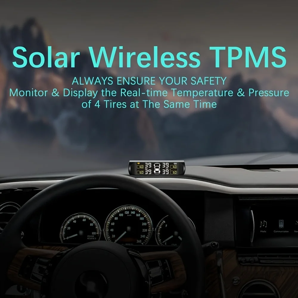 Wireless Tire Pressure Monitoring System with 4 Sensors USB Charging Solar Powered TPMS for Cars SUVs MPVs Pickups ORVs