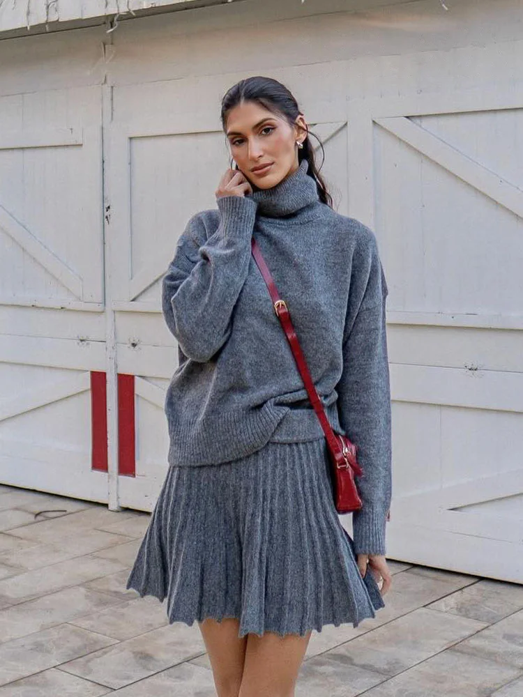 HH Fashion Women's High Neck Vintage Loose Knitted Suit Women Cropped Sweater Long Sleeve Female Pullovers Chic Tops Skirt