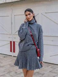 TRAFZA Fashion Women's High Neck Vintage Loose Knitted Suit Women Cropped Sweater Long Sleeve Female Pullovers Chic Tops Skirt