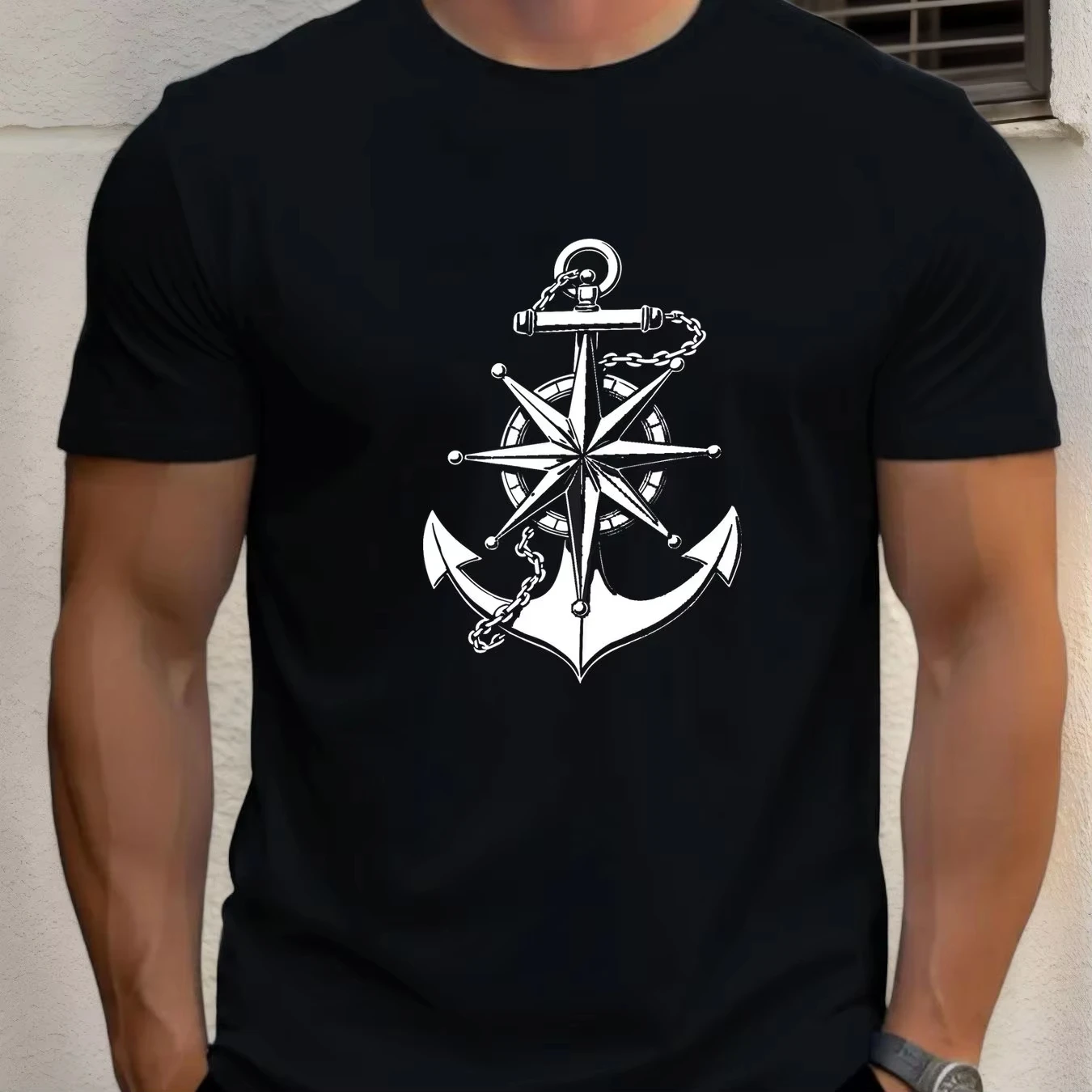 2026 Men's Summer  Cotton Fashionable Casual Loose Anchor and Compass Pattern Print Sports Round Tee