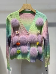 2023 Autumn Women Colorful Real Fox Fur Decoration Knitting Spring Long Sleeve Sweater Coat