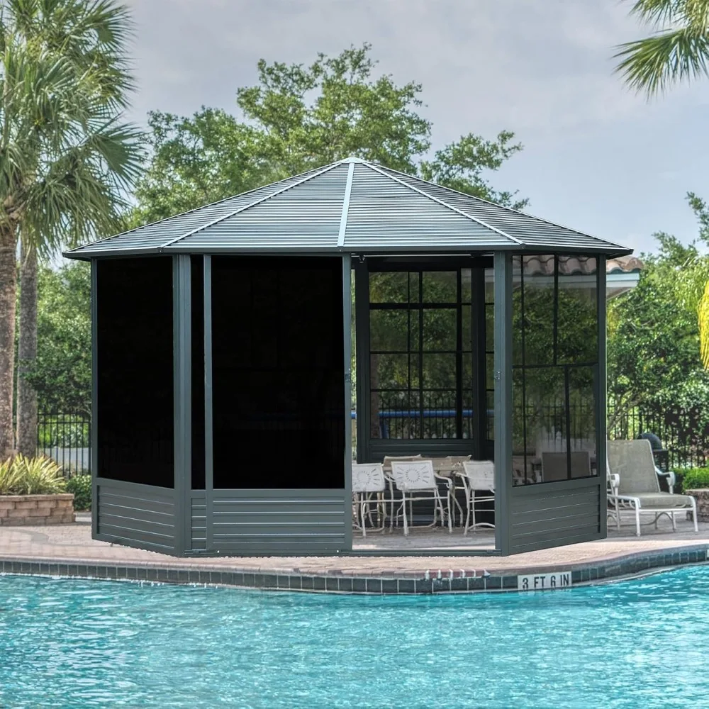 

13x13FT sunroom, octagonal sunroom aluminum hardtop pavilion, galvanized steel roof, sliding door, sunroom pavilion