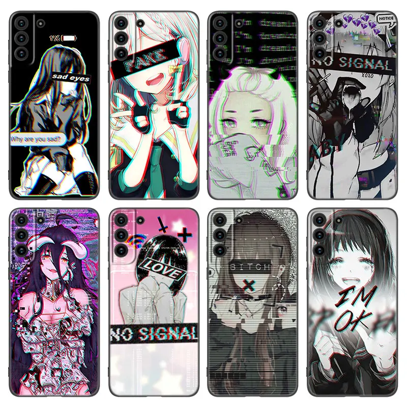 Anime Sad Girl Black Silicone Phone Case For Samsung Galaxy S20 S23 FE S21 S22 S24 Plus Ultra