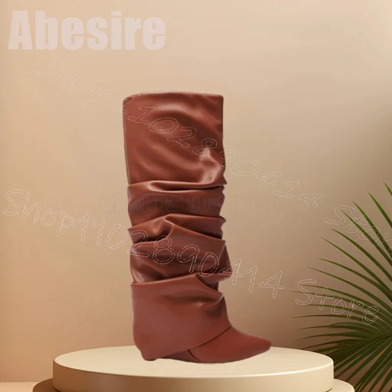 Brązowe Botki na Koturnie z Plisowanym Wzorem Wsuwane Damskie Buty Szpiczasty Nosek Nowa Moda Impreza Bankiet Randka 2025 Zapatos Para Mujere